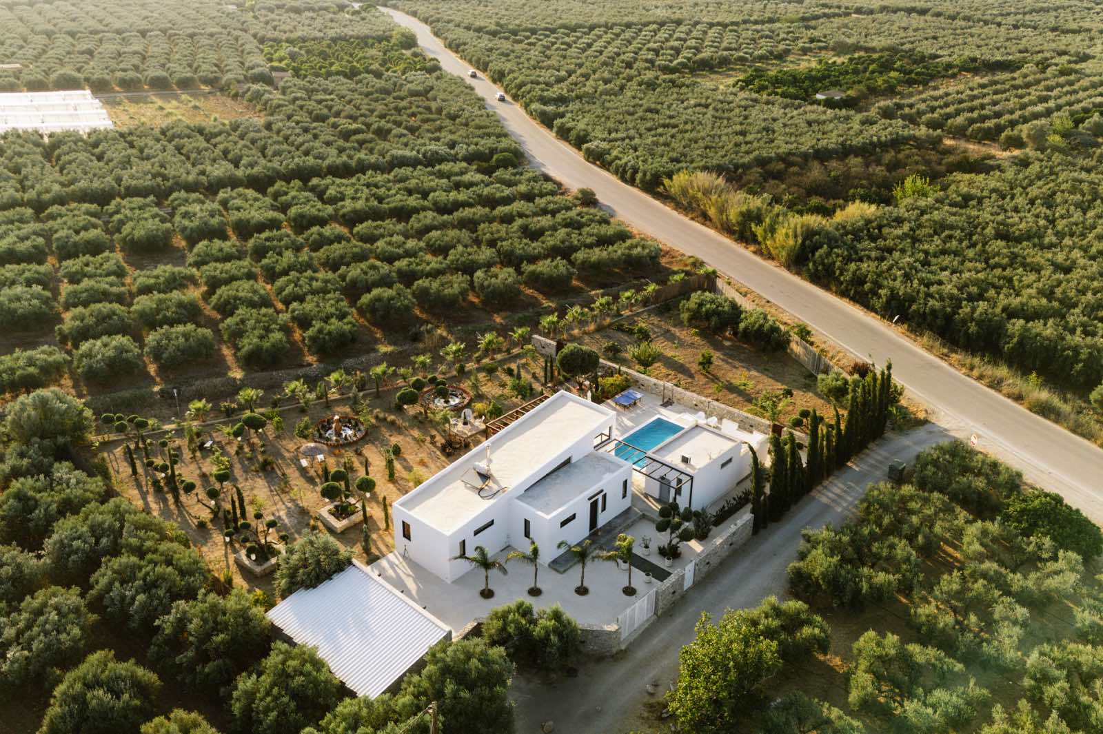 Moderne Villa auf Kreta, umgeben von weitläufigen Olivenhainen – Luftaufnahme